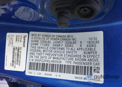 2020 Honda Civic Sport из США, поврежденный, VIN 2HGFC2F80LH600528